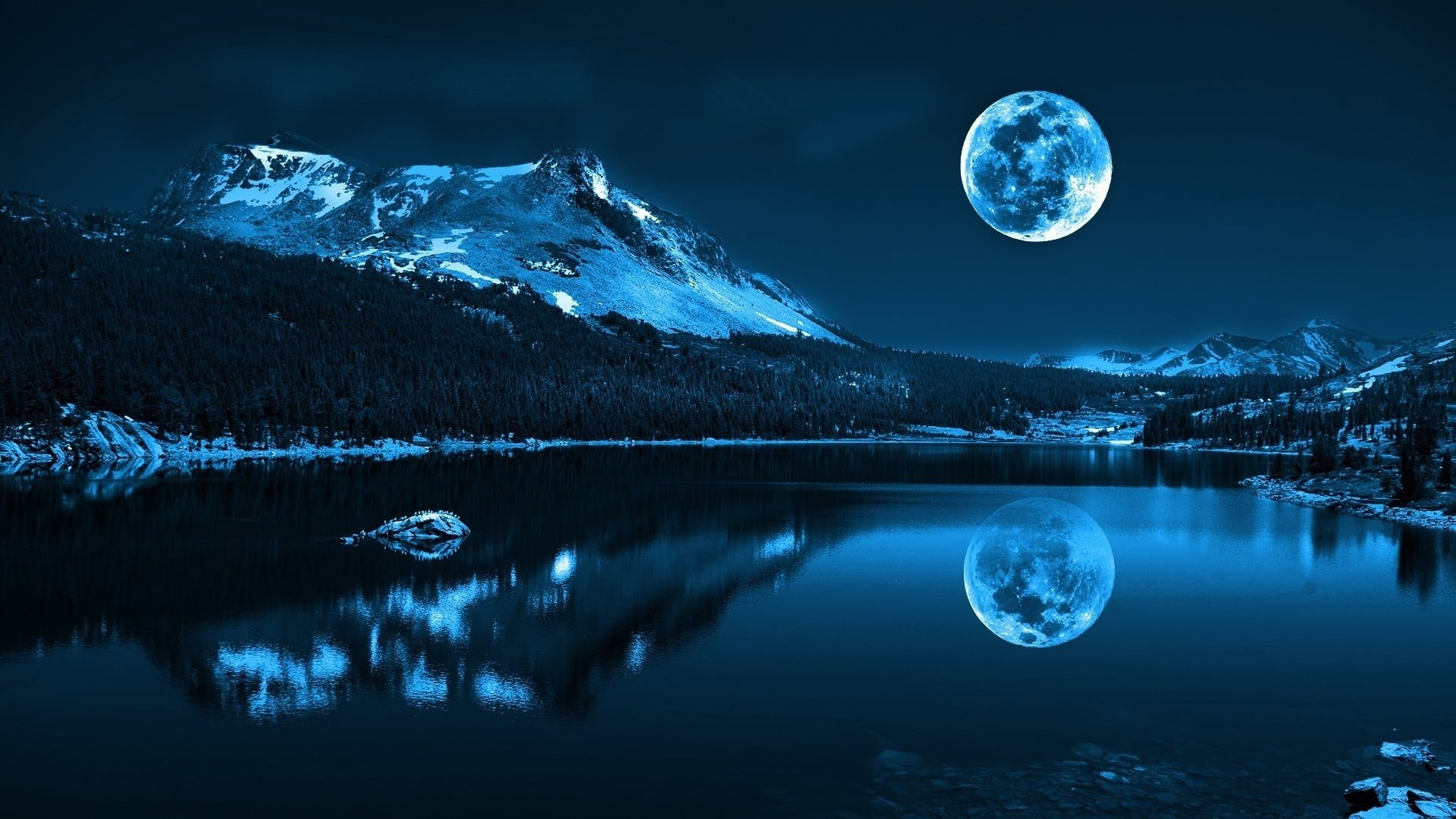 reflection of snowy mountain on body of water under full-moon wallpaper 1920x1080px (1080P) free download
