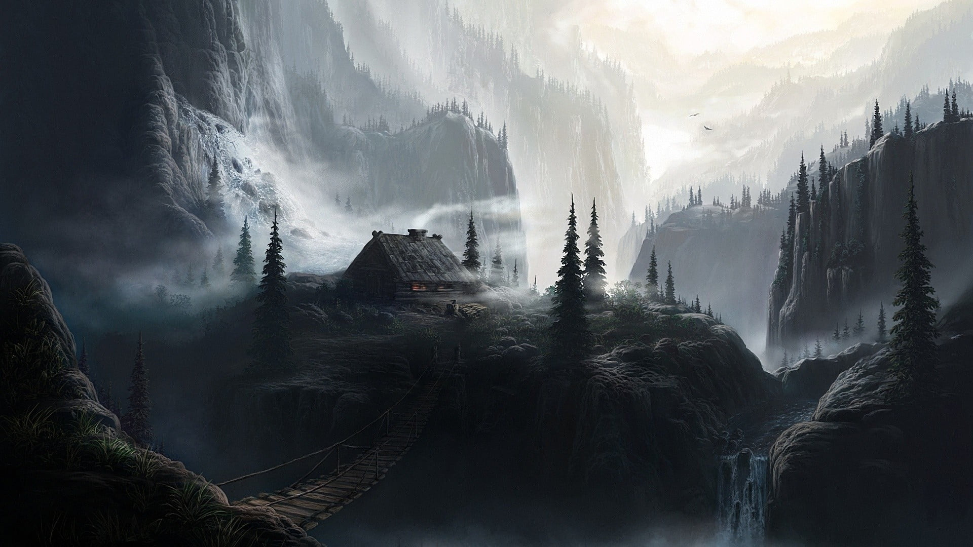 brown house and green trees graphic, black and gray mountain 1920x1080px (1080P) free download