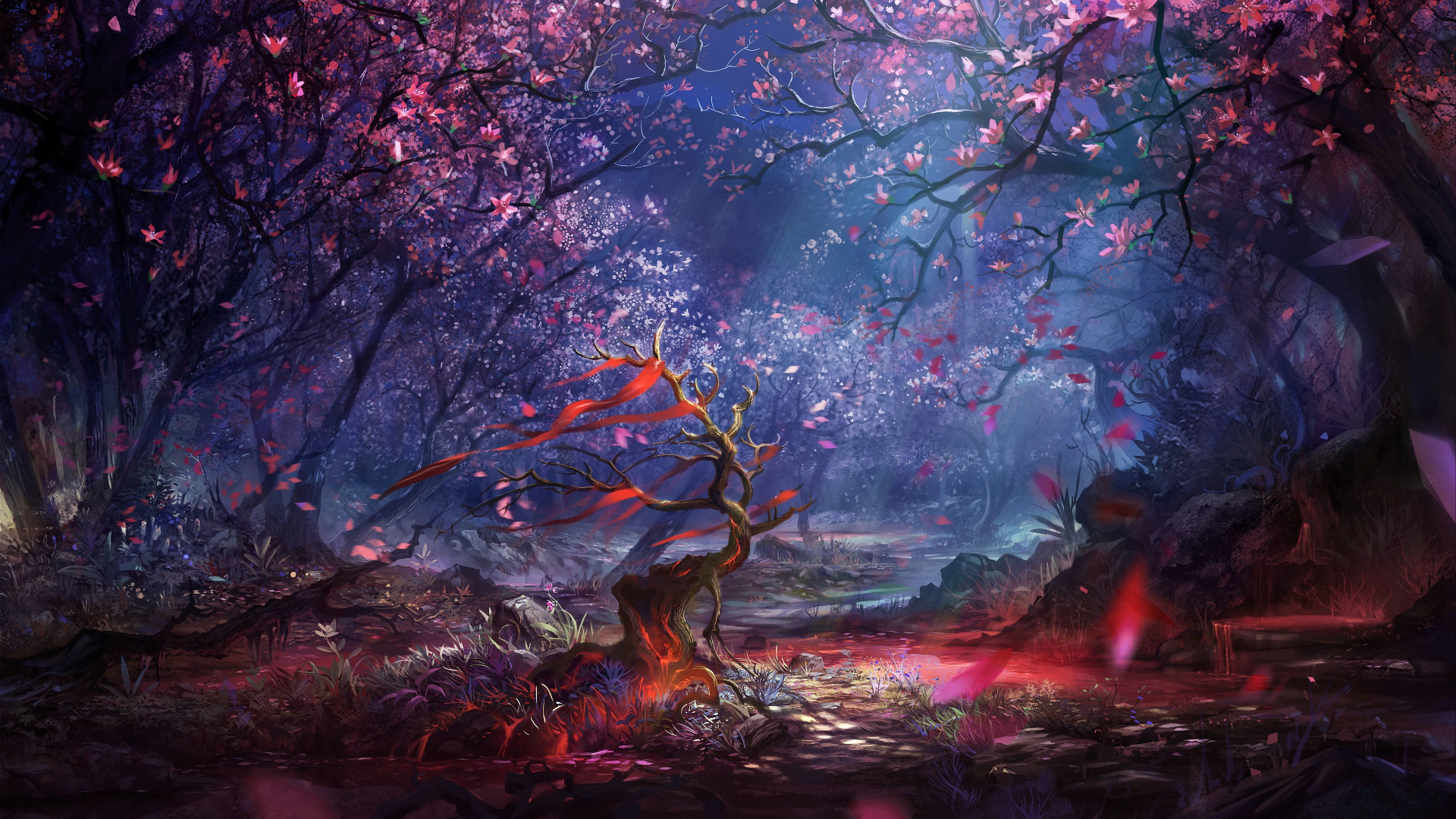 pink and brown trees digital wallpaper, artwork, fantasy art 1920x1080px (1080P) free download