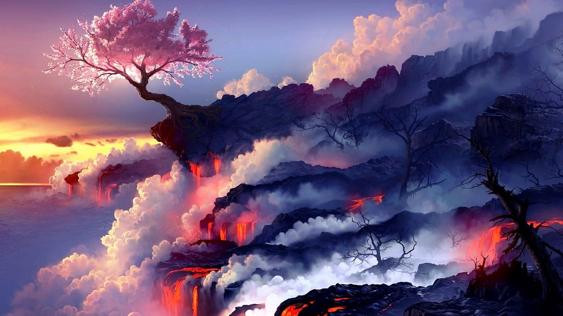 cherry blossom tree on cliff digital wallpaper, cherry blossom on cliff mountain 1920x1080px (1080P) free download
