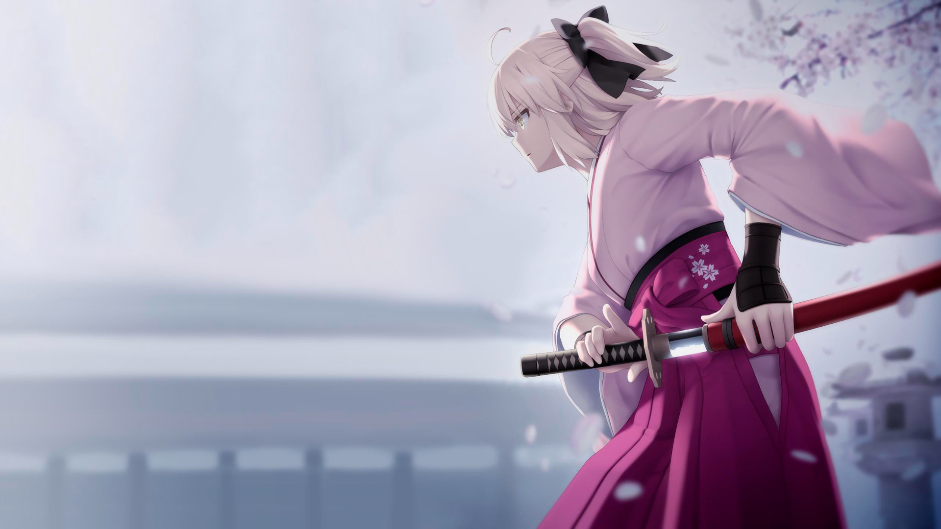 white haired animated woman with katana illustration, anime, anime girls 1920x1080px (1080P) free download