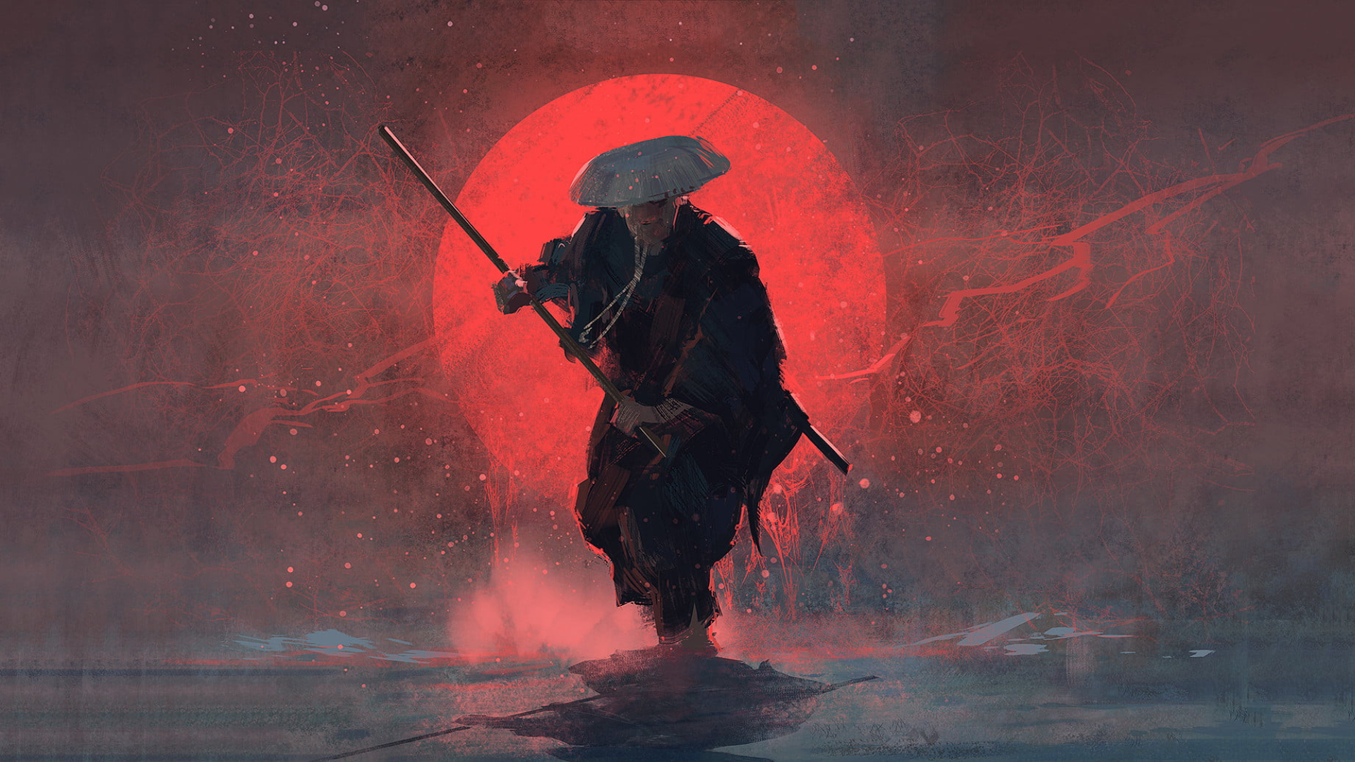 samurai painting, man wearing suit and hat holding sword painting 1920x1080px (1080P) free download