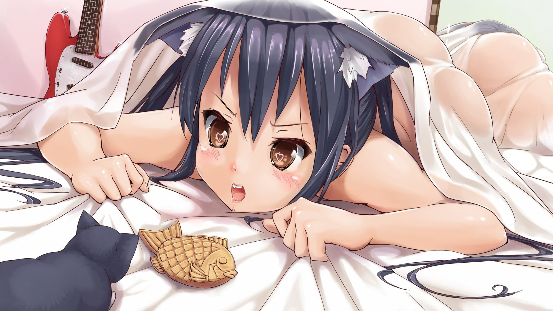 Nakano Azusa, K-ON!, neko loli, animal ears, in bed, anime 1920x1080px (1080P) free download