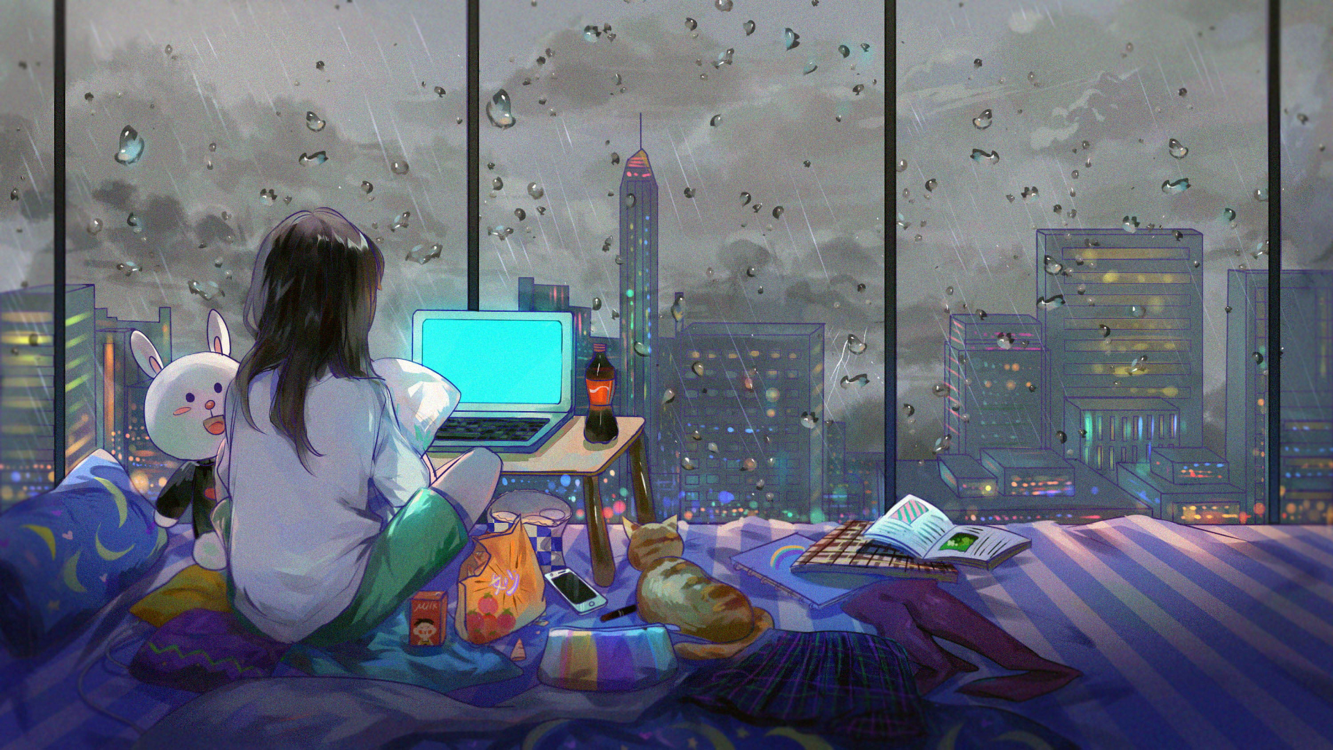 girl sitting on bed watching laptop computer illustration, artwork 1920x1080px (1080P) free download