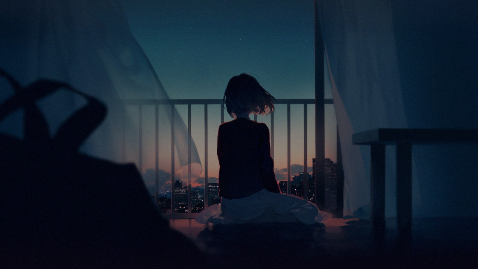 white curtains, girl animated character, digital art, artwork 1536x864px (720P) free download