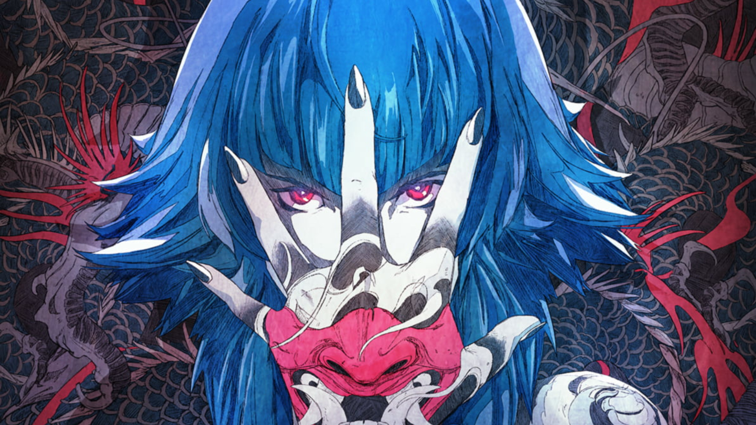 anime girls, original characters, women, red eyes, covered face 1536x864px (720P) free download